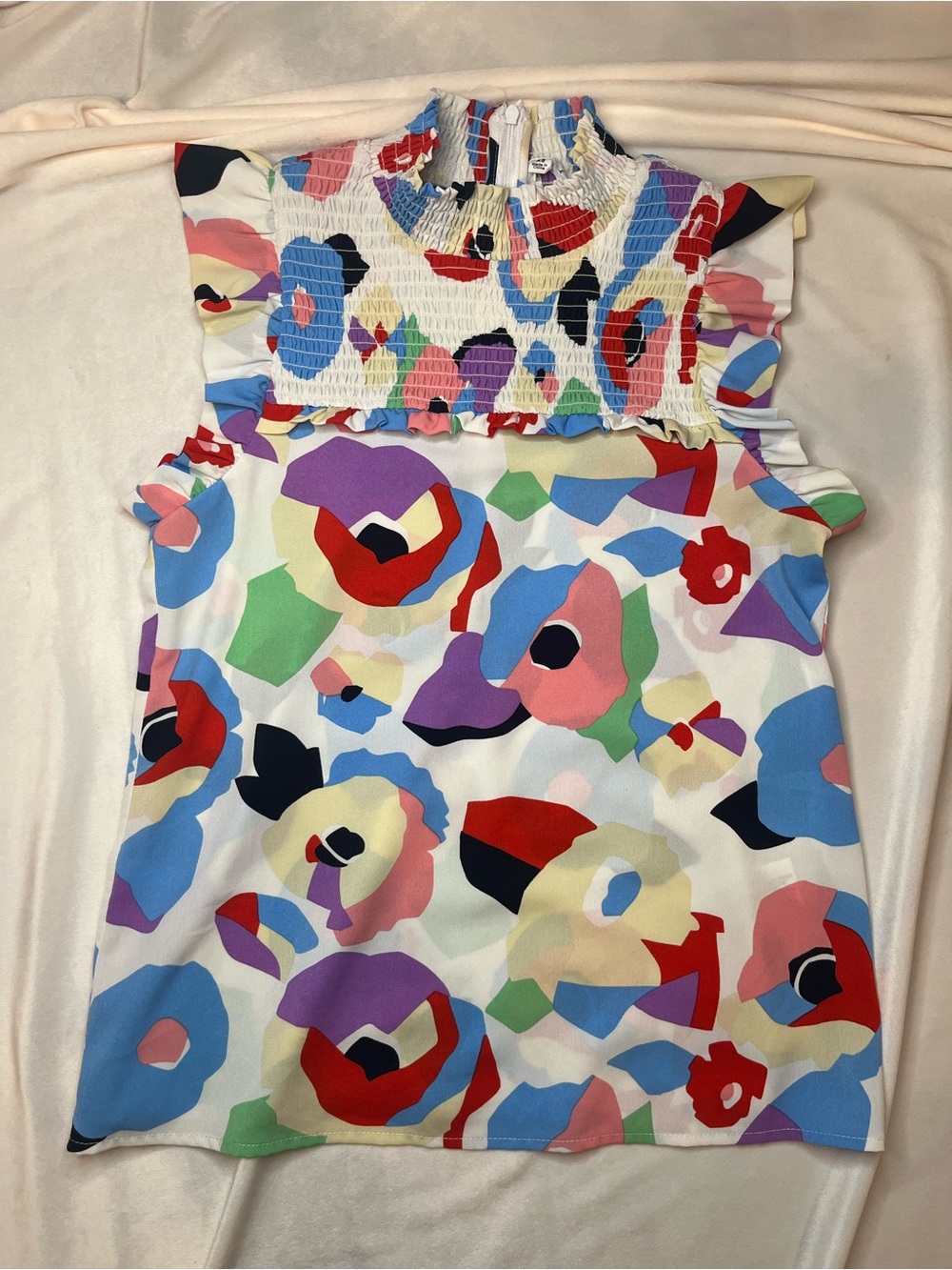 THML White Multicolor Floral Smocked Blouse